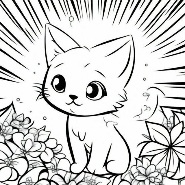 A whimsical kitten coloring page for kids, featuring a playful kitten with sun rays and clouds above