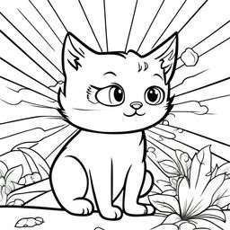 A whimsical kitten coloring page for kids, featuring a playful kitten with sun rays and clouds above