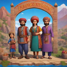 A vibrant and dynamic loading screen for an Armenian-themed video game showcasing characters dressed in traditional Armenian attire, iconic locations, and cultural symbols.