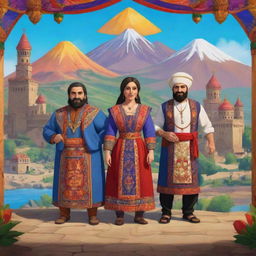 A vibrant and dynamic loading screen for an Armenian-themed video game showcasing characters dressed in traditional Armenian attire, iconic locations, and cultural symbols.