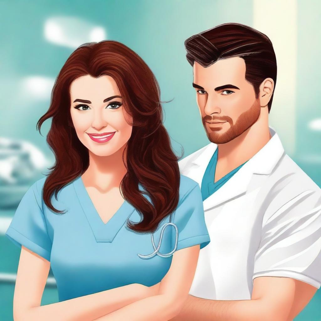 A romance book cover featuring a female doctor with brunette hair working in an operating theatre