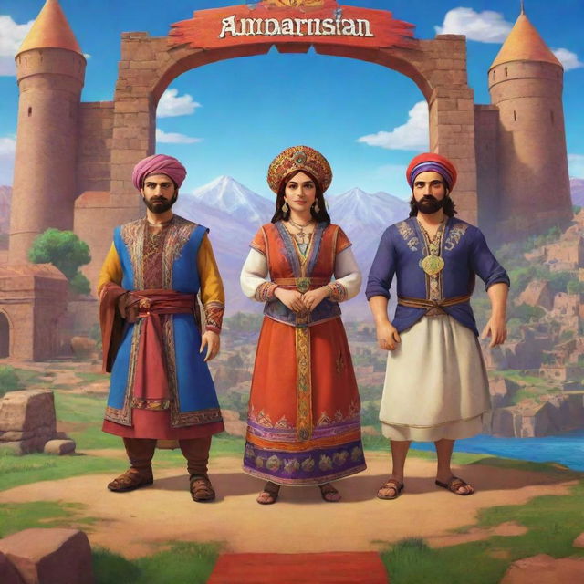 A vibrant and dynamic loading screen for an Armenian-themed video game showcasing characters dressed in traditional Armenian attire, iconic locations, and cultural symbols.