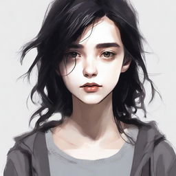 Create an image of a protagonist inspired by 'image1', featuring a girl with medium-length hair and black eyes, looking straight ahead with a sad expression