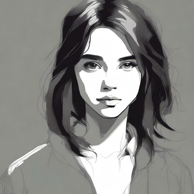 Create an image of a protagonist inspired by 'image1', featuring a girl with medium-length hair and black eyes, looking straight ahead with a sad expression