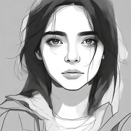 Create an image of a protagonist inspired by 'image1', featuring a girl with medium-length hair and black eyes, looking straight ahead with a sad expression