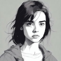 Create an image of a protagonist inspired by 'image1', featuring a girl with medium-length hair and black eyes, looking straight ahead with a sad expression