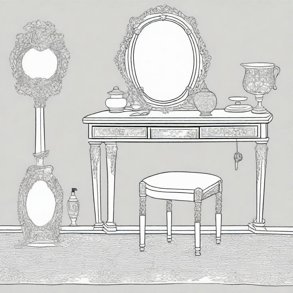 A vintage vanity table scene for a coloring page, featuring an ornate mirror and various cosmetics