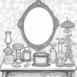 A vintage vanity table scene for a coloring page, featuring an ornate mirror and various cosmetics