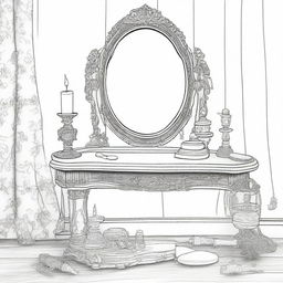 A vintage vanity table scene for a coloring page, featuring an ornate mirror and various cosmetics