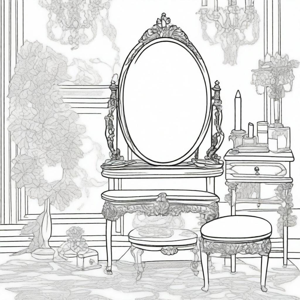 A vintage vanity table scene for a coloring page, featuring an ornate mirror and various cosmetics