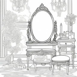 A vintage vanity table scene for a coloring page, featuring an ornate mirror and various cosmetics