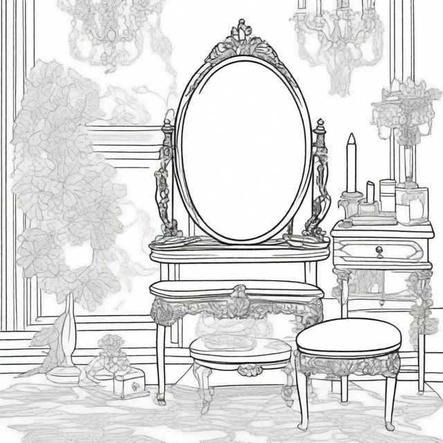 A vintage vanity table scene for a coloring page, featuring an ornate mirror and various cosmetics