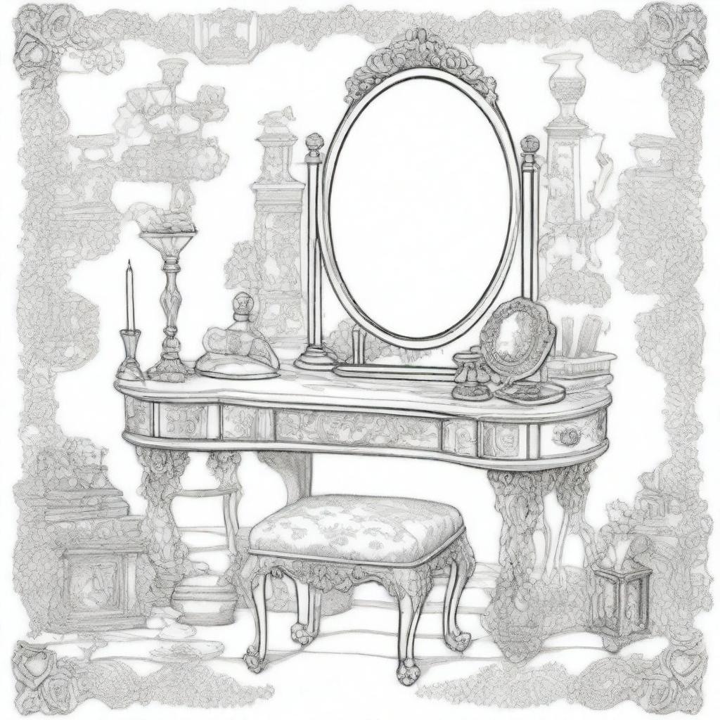 A vintage vanity table scene for a coloring page designed for girls, featuring an ornate mirror and various cosmetics