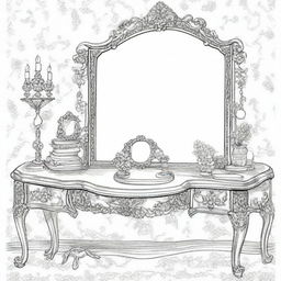 A vintage vanity table scene for a coloring page designed for girls, featuring an ornate mirror and various cosmetics