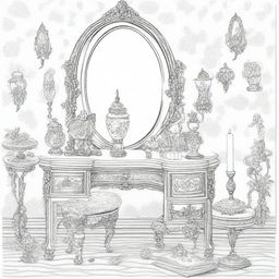 A vintage vanity table scene for a coloring page designed for girls, featuring an ornate mirror and various cosmetics