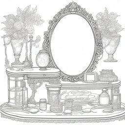 A vintage vanity table scene for a coloring page designed for girls, featuring an ornate mirror and various cosmetics