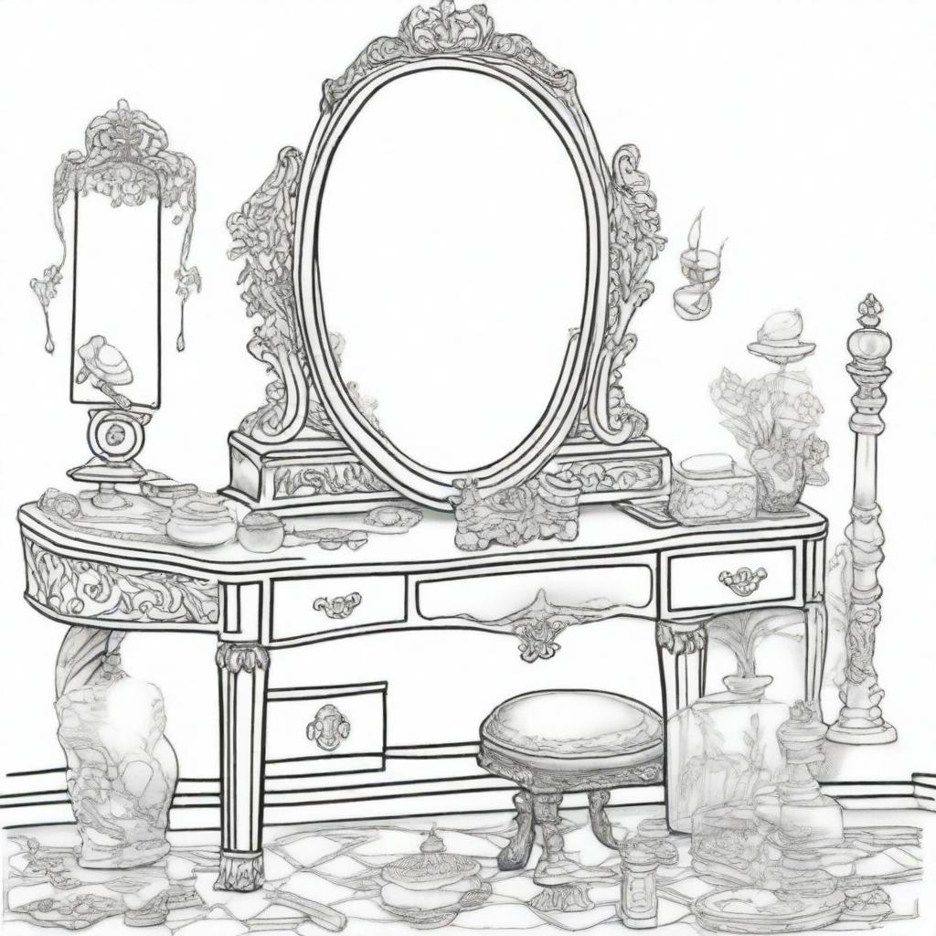 A black and white vintage vanity table scene for a coloring page designed for girls, featuring an ornate mirror and various cosmetics