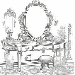 A black and white vintage vanity table scene for a coloring page designed for girls, featuring an ornate mirror and various cosmetics