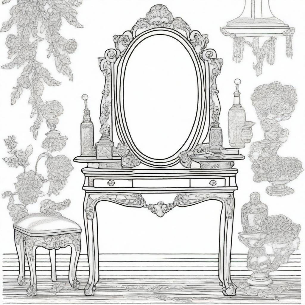 A black and white vintage vanity table scene for a coloring page designed for girls, featuring an ornate mirror and various cosmetics