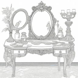 A black and white vintage vanity table scene for a coloring page designed for girls, featuring an ornate mirror and various cosmetics