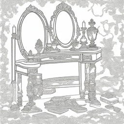 A black and white vintage vanity table scene for a coloring page designed for girls, featuring an ornate mirror and various cosmetics