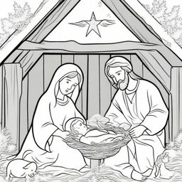 Create a heartwarming nativity scene for a coloring book, centered around baby Jesus lying in a rustic manger