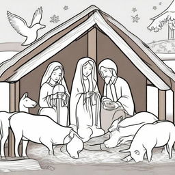 Create a heartwarming nativity scene for a coloring book, centered around baby Jesus lying in a rustic manger