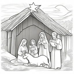 Create a heartwarming nativity scene for a coloring book, centered around baby Jesus lying in a rustic manger