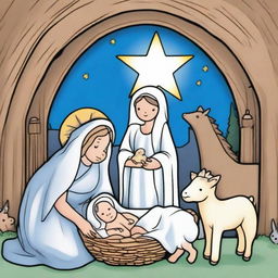 Create a heartwarming nativity scene for a coloring book, centered around baby Jesus lying in a rustic manger