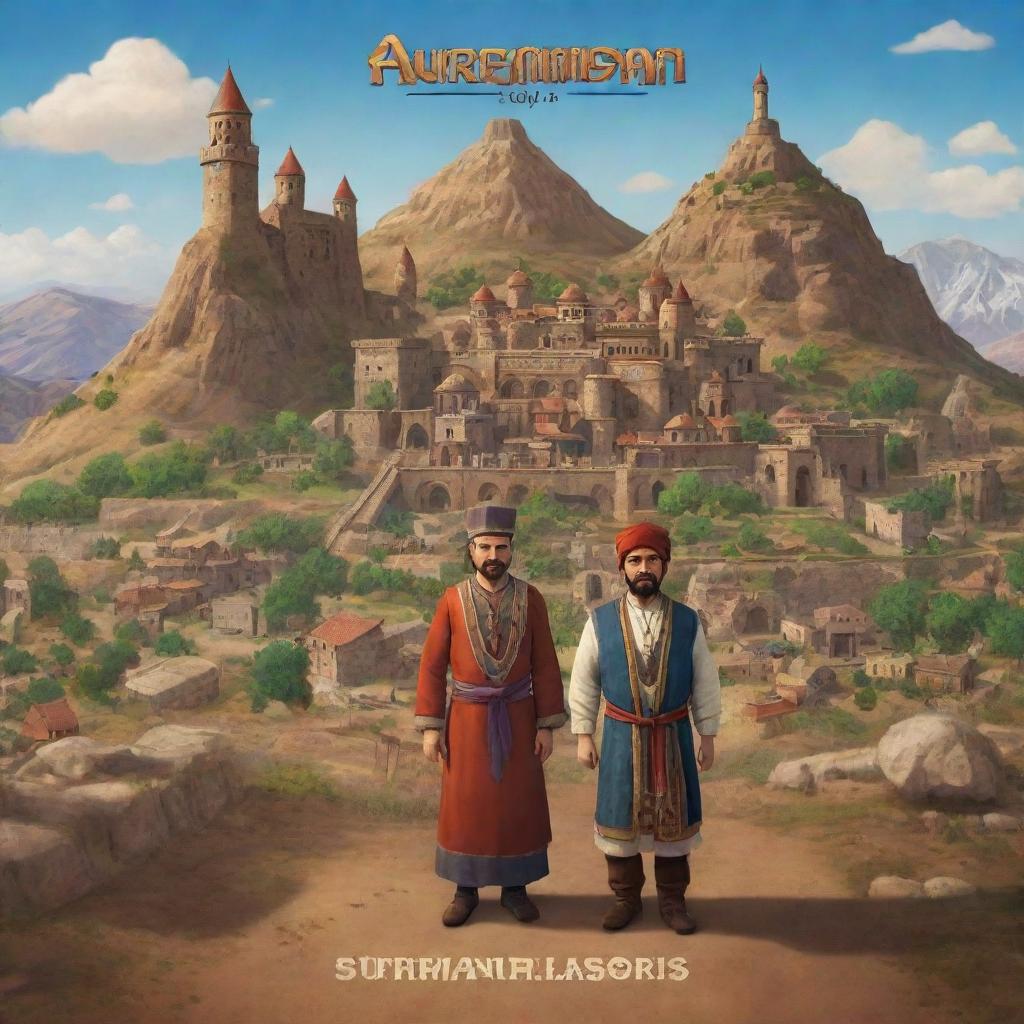 A captivating start screen for an Armenian-themed video game, including option buttons, Armenian cultural elements, characters in traditional attire and iconic landmarks.