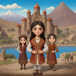 A captivating start screen for an Armenian-themed video game, including option buttons, Armenian cultural elements, characters in traditional attire and iconic landmarks.