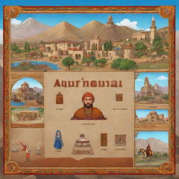 A captivating start screen for an Armenian-themed video game, including option buttons, Armenian cultural elements, characters in traditional attire and iconic landmarks.