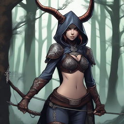 A tiefling archer wearing a hood with horns sticking out and large breasts