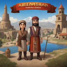 A captivating start screen for an Armenian-themed video game, including option buttons, Armenian cultural elements, characters in traditional attire and iconic landmarks.