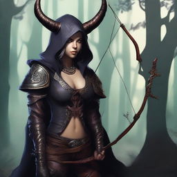 A tiefling archer wearing a hood with horns sticking out and large breasts