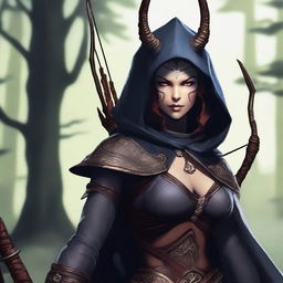 A tiefling archer wearing a hood with horns sticking out and large breasts