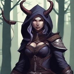 A tiefling archer wearing a hood with horns sticking out and large breasts