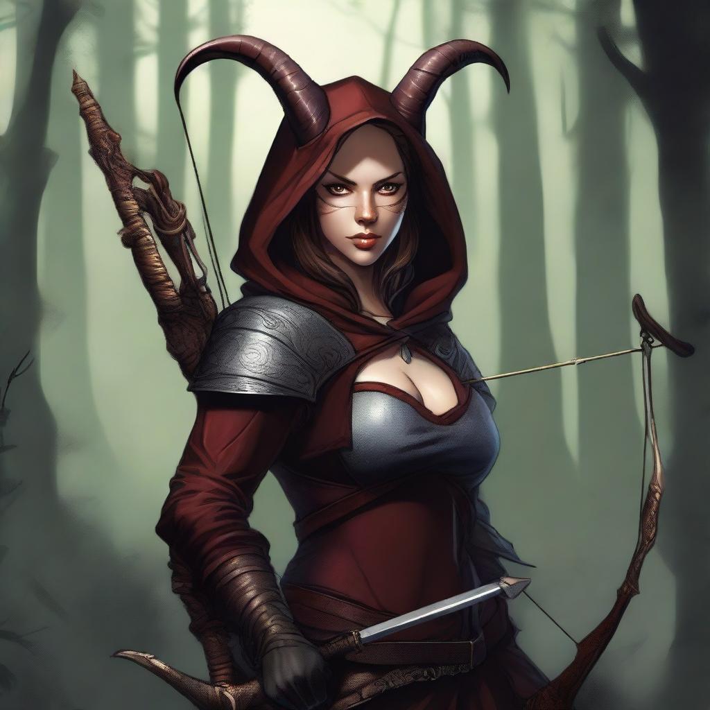 A tiefling archer with slightly reddish skin, wearing a hood with horns sticking out and large breasts