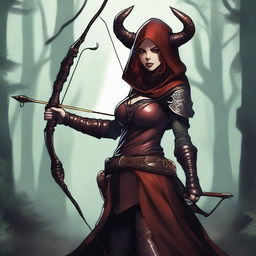 A tiefling archer with slightly reddish skin, wearing a hood with horns sticking out and large breasts