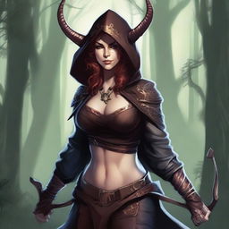 A tiefling archer with slightly reddish skin, wearing a hood with horns sticking out and large breasts