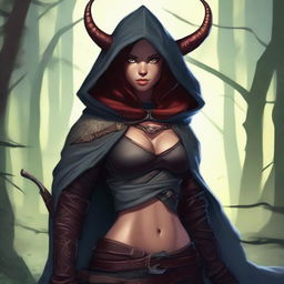 A tiefling archer with slightly reddish skin, wearing a hood with horns sticking out and large breasts