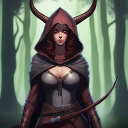 A tiefling archer with slightly reddish skin, wearing a hood with horns sticking out and very large breasts