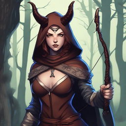 A tiefling archer with slightly reddish skin, wearing a hood with horns sticking out and very large breasts