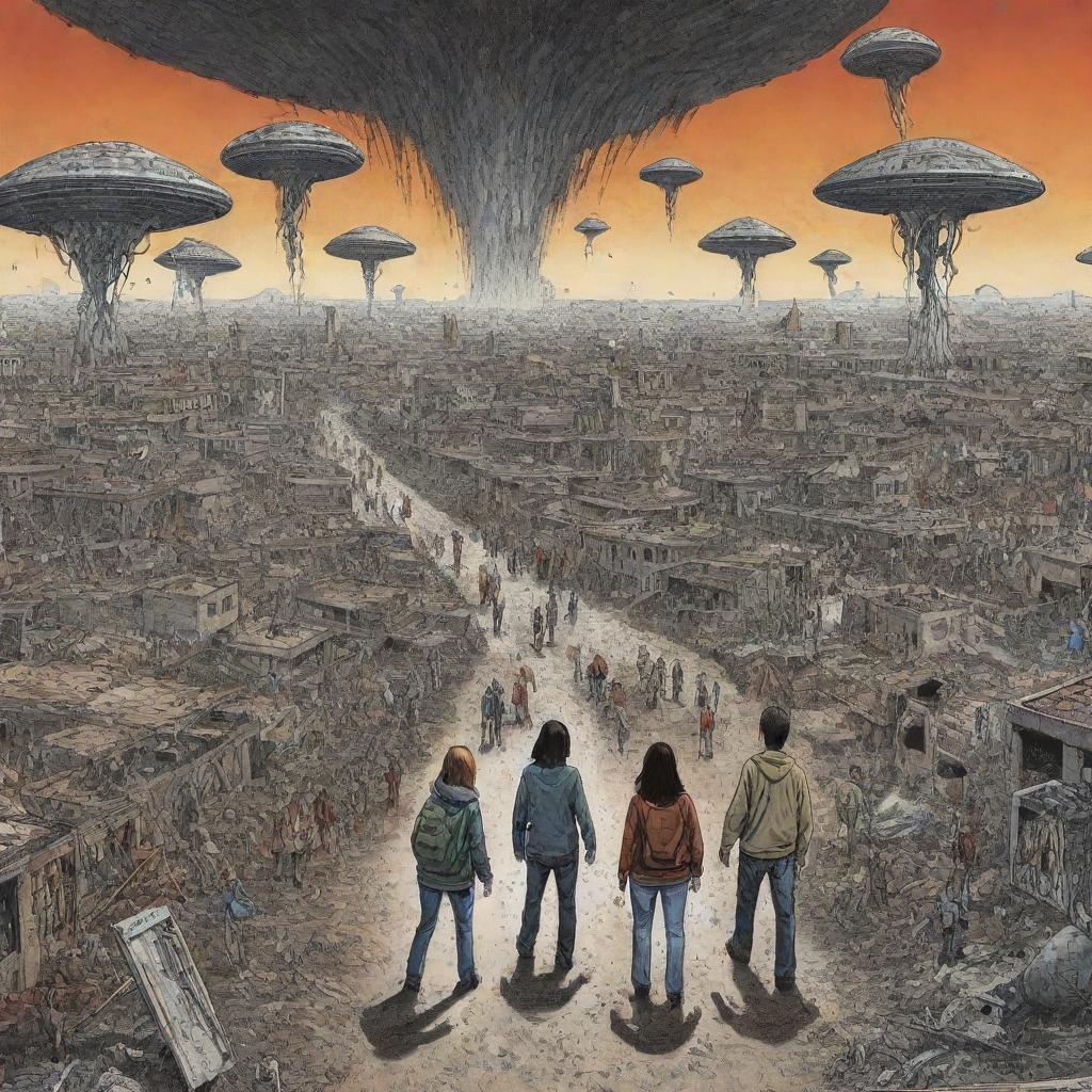 Representación al estilo cómic de una invasión de extraterrestres, mostrando una ciudad devastada con personas aterrorizadas intentando una desesperada huida