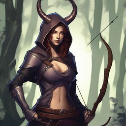 A tiefling archer with slightly reddish skin, wearing a hood with horns sticking out and very large breasts