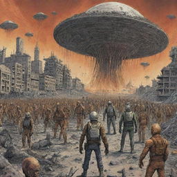 Representación al estilo cómic de una invasión de extraterrestres, mostrando una ciudad devastada con personas aterrorizadas intentando una desesperada huida