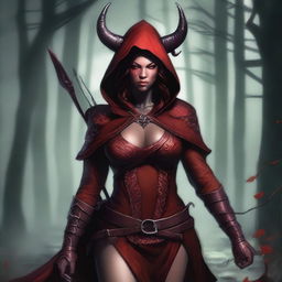 A tiefling archer with deep red skin, resembling a demoness, wearing a hood with horns sticking out and very large breasts