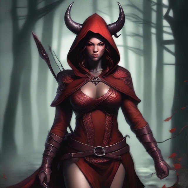 A tiefling archer with deep red skin, resembling a demoness, wearing a hood with horns sticking out and very large breasts