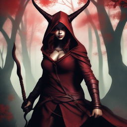 A tiefling archer with deep red skin, resembling a demoness, wearing a hood with horns sticking out and very large breasts