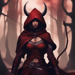 A tiefling archer with deep red skin, resembling a demoness, wearing a hood with horns sticking out and very large breasts